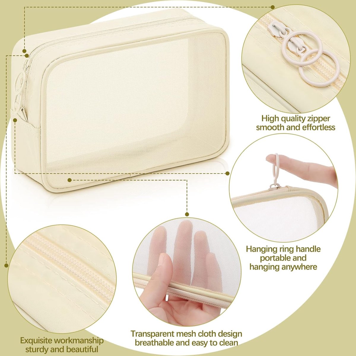 4 pieces - Cosmetic bag - Travel toiletry bag - Storage bag - mesh cosmetic bag - travel bag with zipper - mini makeup bag - for daily accessories - for travel and daily use - small, large, medium - beige - Image 4