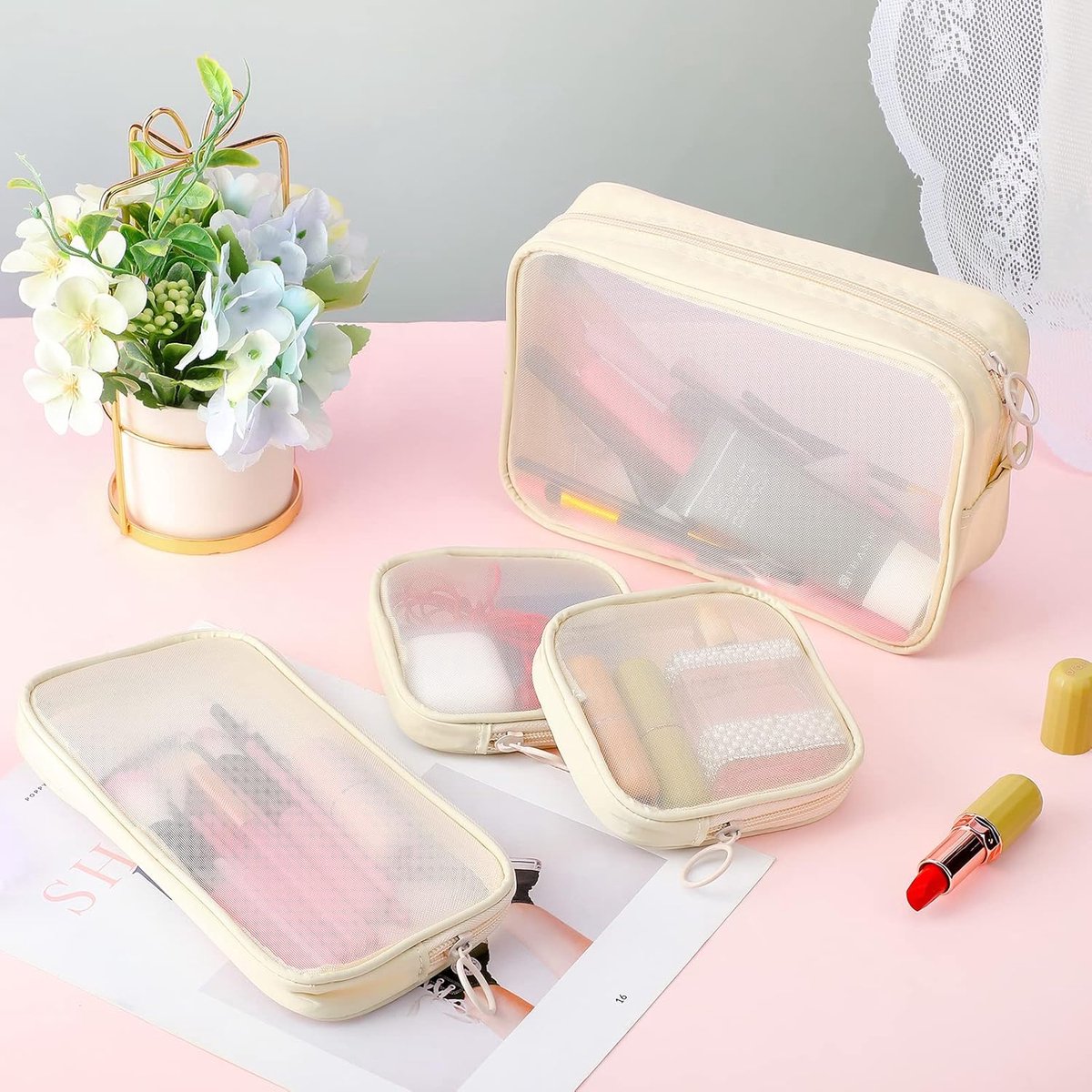 4 pieces - Cosmetic bag - Travel toiletry bag - Storage bag - mesh cosmetic bag - travel bag with zipper - mini makeup bag - for daily accessories - for travel and daily use - small, large, medium - beige - Image 6