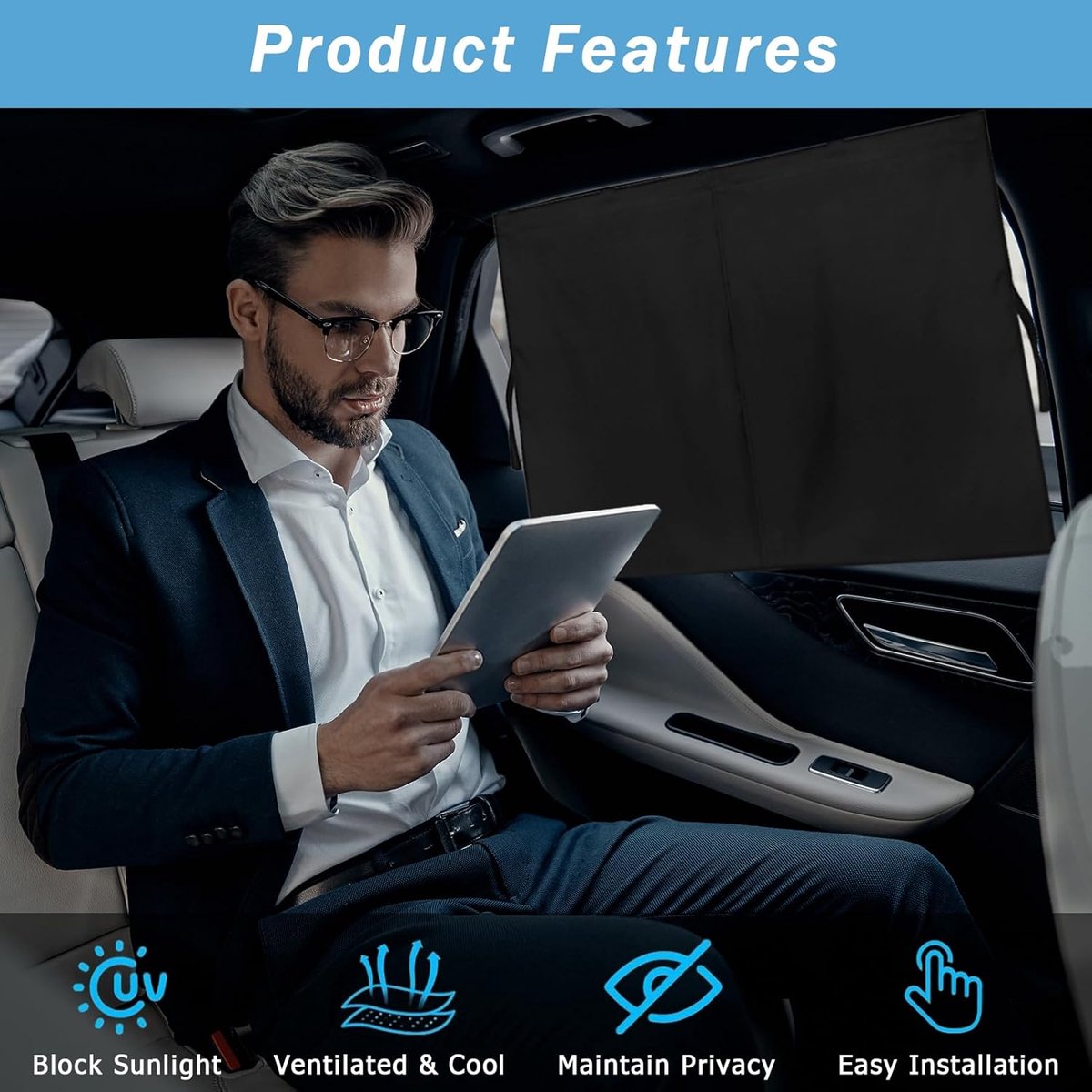 2 pieces - 71*47 cm - car sunshades - universal magnetic car sunshades - for windows - double-layer car sunshade covers - blackout car curtains - for privacy - blocking UV radiation and heat - with 10 magnets - black - Image 2