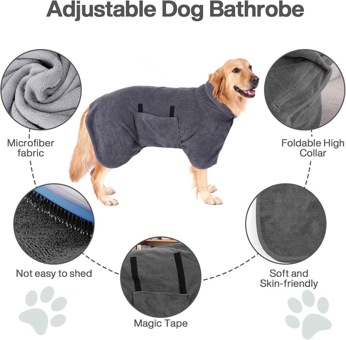 Dog bathrobe - Pet bath towel - Bathrobes for pets - Dog drying coat Bath towel - Dog towel - super absorbent dog towel - with Velcro - adjustable - for large, medium, small dogs - chest circumference 70 cm - grey - S - Image 4