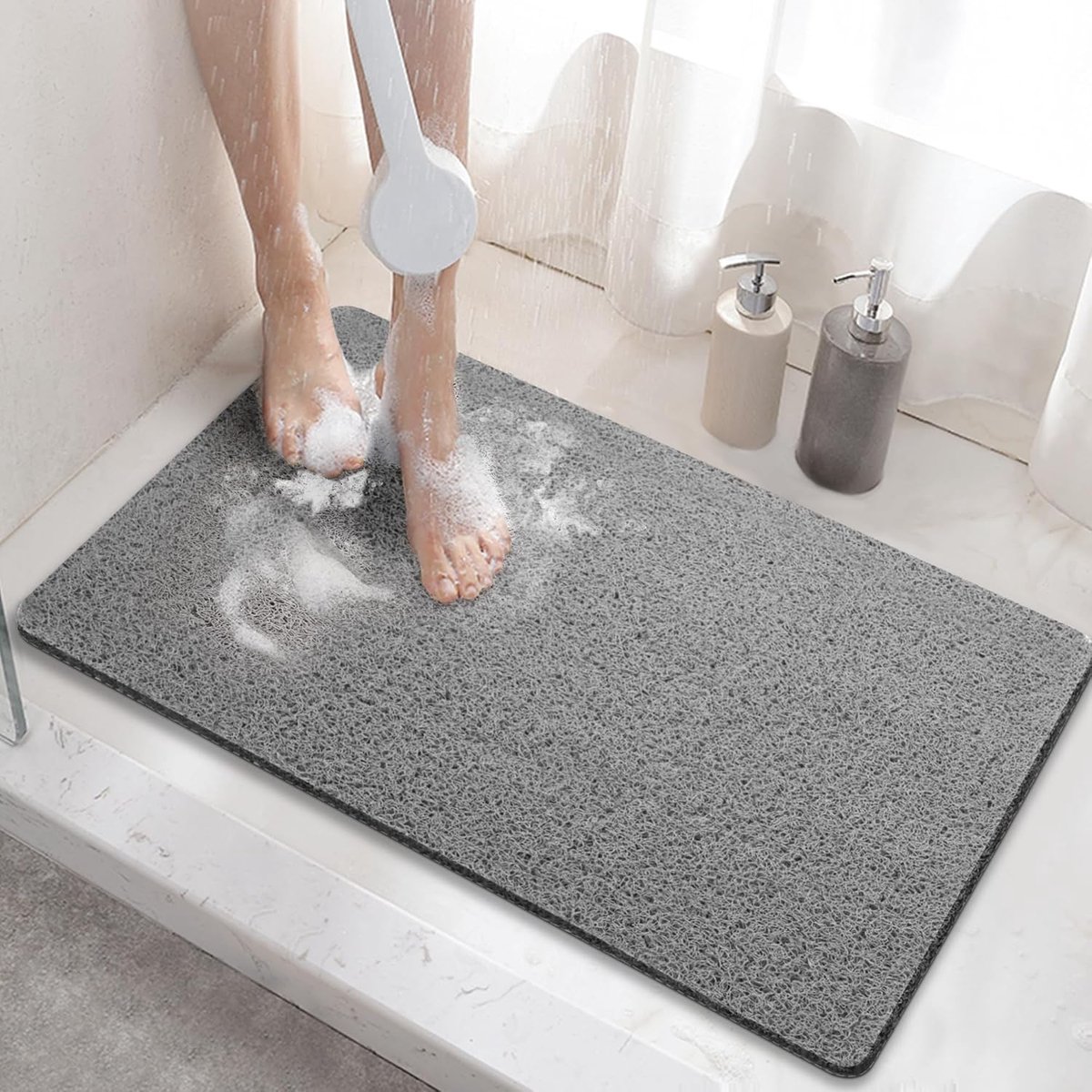 Non-slip shower mat - Non-slip bath mat - with drain - Non-slip water-permeable mat - Soft PVC loofah bath mat - Quick-drying - Grey - 40x60 cm - Image 1