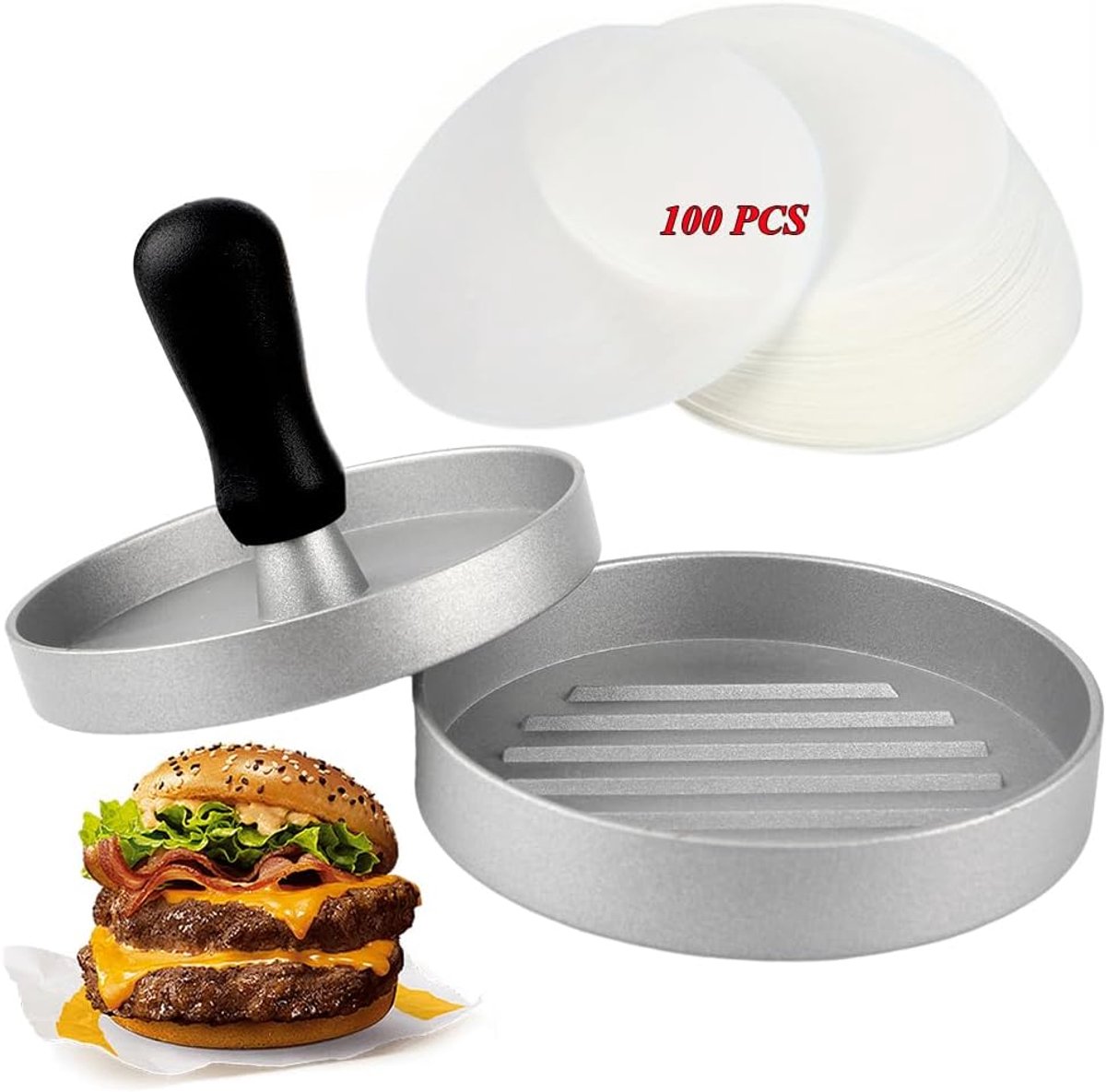 Hamburger press - with 100 non-stick sheets - 12*12*7.5 cm - Burger Press - Burger makers - non-stick meat burger maker - Hamburger mold - Meat press - Cooking utensils - kitchen tools - for BBQ, baking, stuffed hamburgers, beef burgers - Image 1