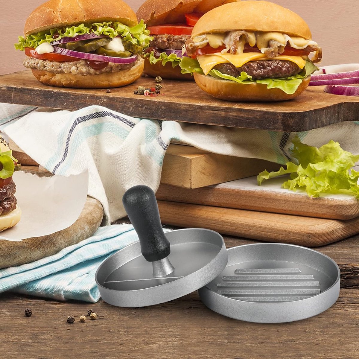 Hamburger press - with 100 non-stick sheets - 12*12*7.5 cm - Burger Press - Burger makers - non-stick meat burger maker - Hamburger mold - Meat press - Cooking utensils - kitchen tools - for BBQ, baking, stuffed hamburgers, beef burgers - Image 2