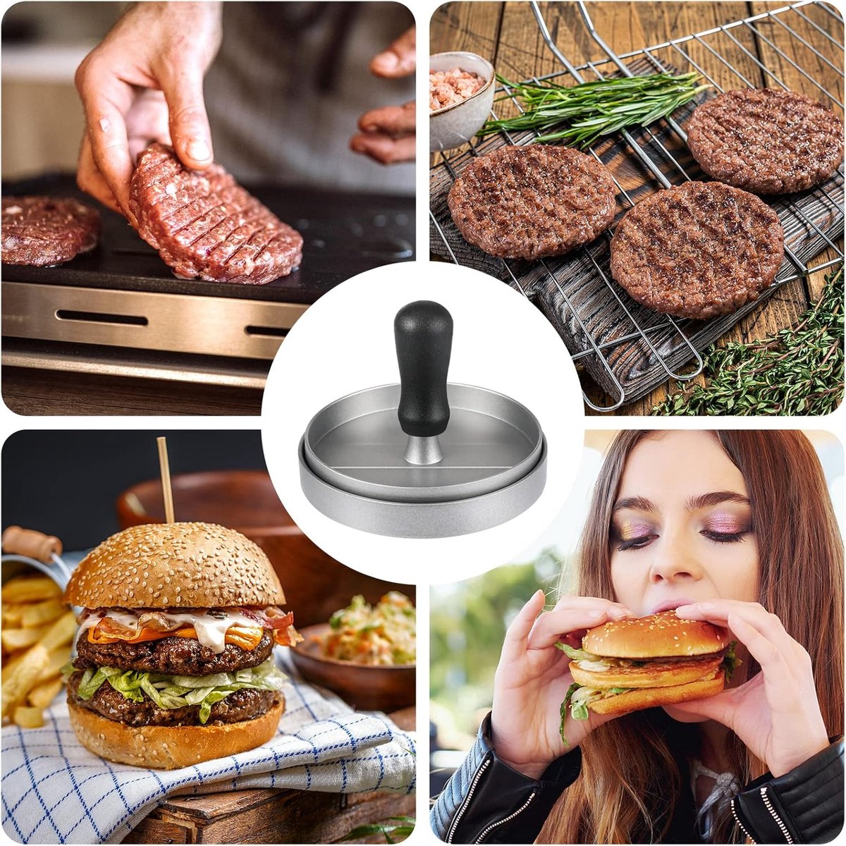 Hamburger press - with 100 non-stick sheets - 12*12*7.5 cm - Burger Press - Burger makers - non-stick meat burger maker - Hamburger mold - Meat press - Cooking utensils - kitchen tools - for BBQ, baking, stuffed hamburgers, beef burgers - Image 3