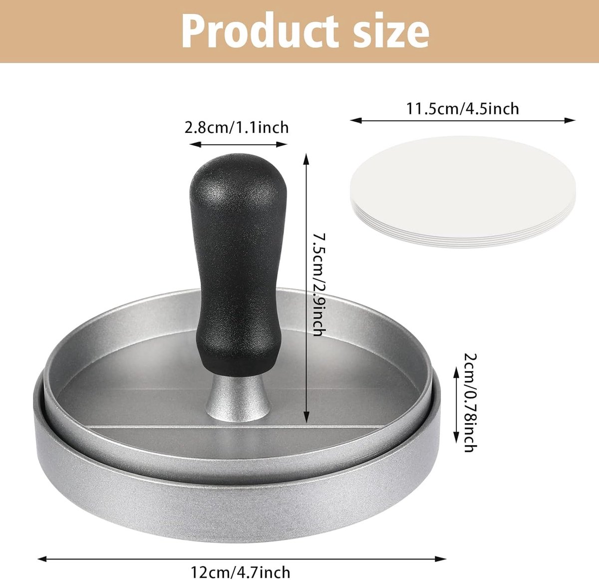 Hamburger press - with 100 non-stick sheets - 12*12*7.5 cm - Burger Press - Burger makers - non-stick meat burger maker - Hamburger mold - Meat press - Cooking utensils - kitchen tools - for BBQ, baking, stuffed hamburgers, beef burgers - Image 5