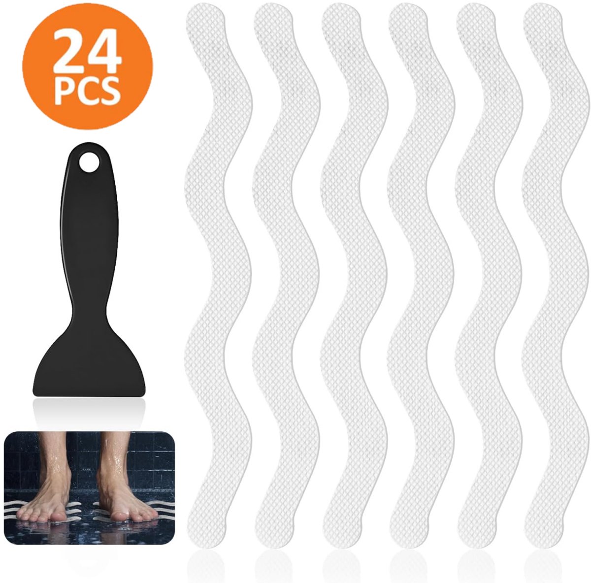 24 pieces - anti-slip stickers - 18*1.3cm - S-shape - anti-slip bath stickers - anti-slip shower stickers - shower stickers - safety strips for baths - for stairs, showers and slippery surfaces - with scraper - transparent - Image 1