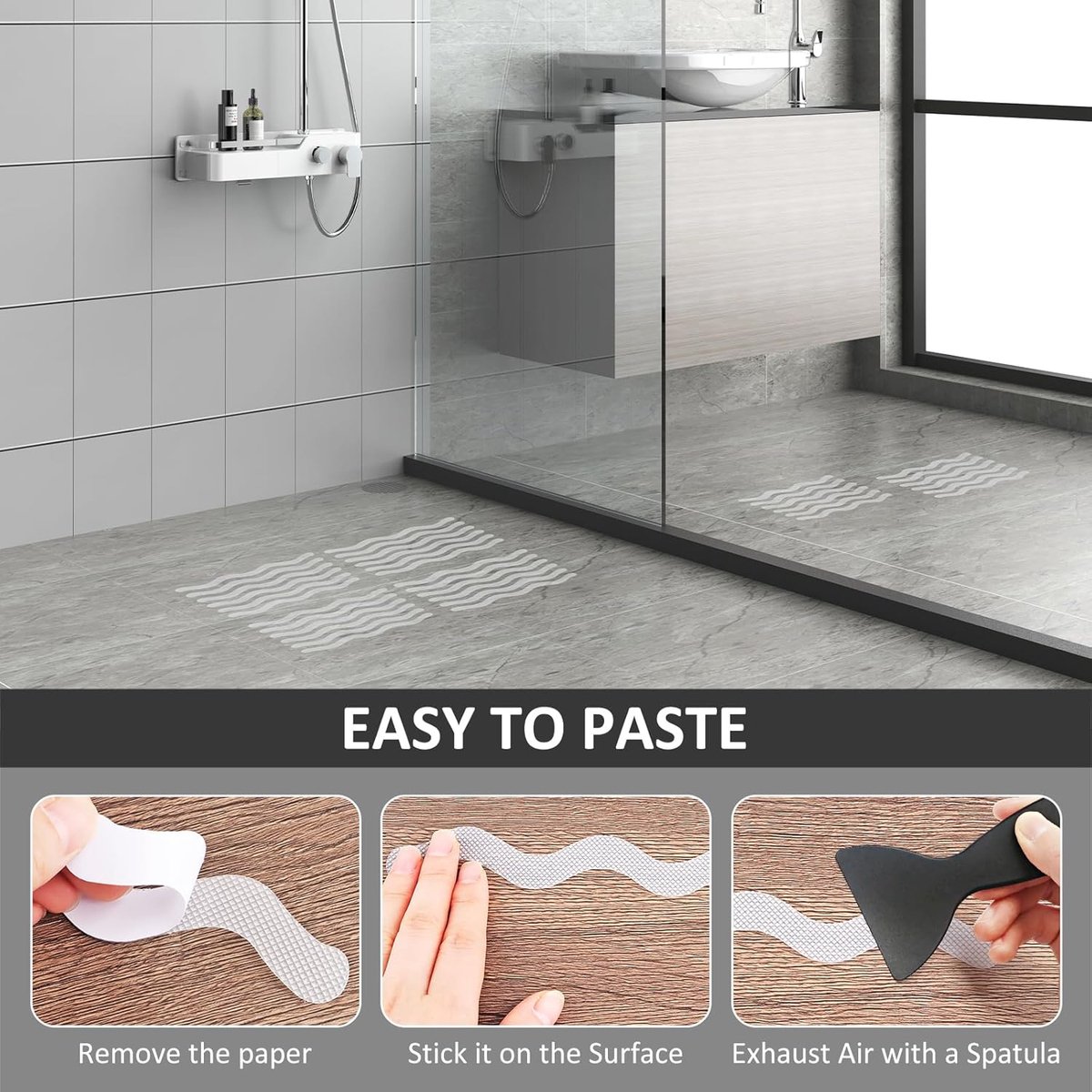 24 pieces - anti-slip stickers - 18*1.3cm - S-shape - anti-slip bath stickers - anti-slip shower stickers - shower stickers - safety strips for baths - for stairs, showers and slippery surfaces - with scraper - transparent - Image 3