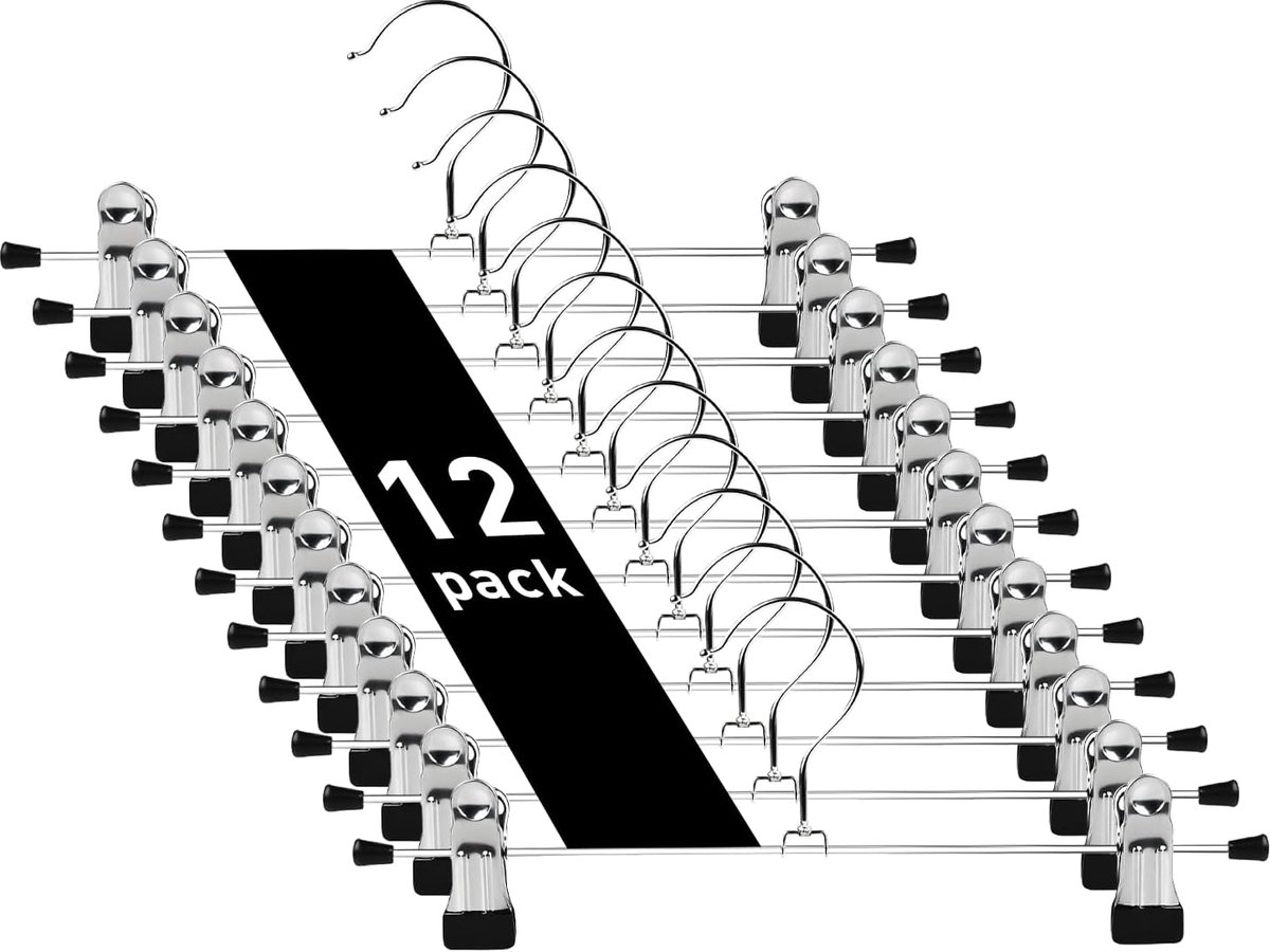 Set of 12 Clothes Hangers - Trouser Hangers - Chrome Iron Metal Hangers - Trouser Hanger - Clothes Hanger - 30cm - Skirt Hangers - Non-Slip Hanger with Clips - Clothes Rack/Coat Rack/Jacket/Trouser Hanger - Metal - For Trousers Skirts Socks Underwear - Si - Image 1