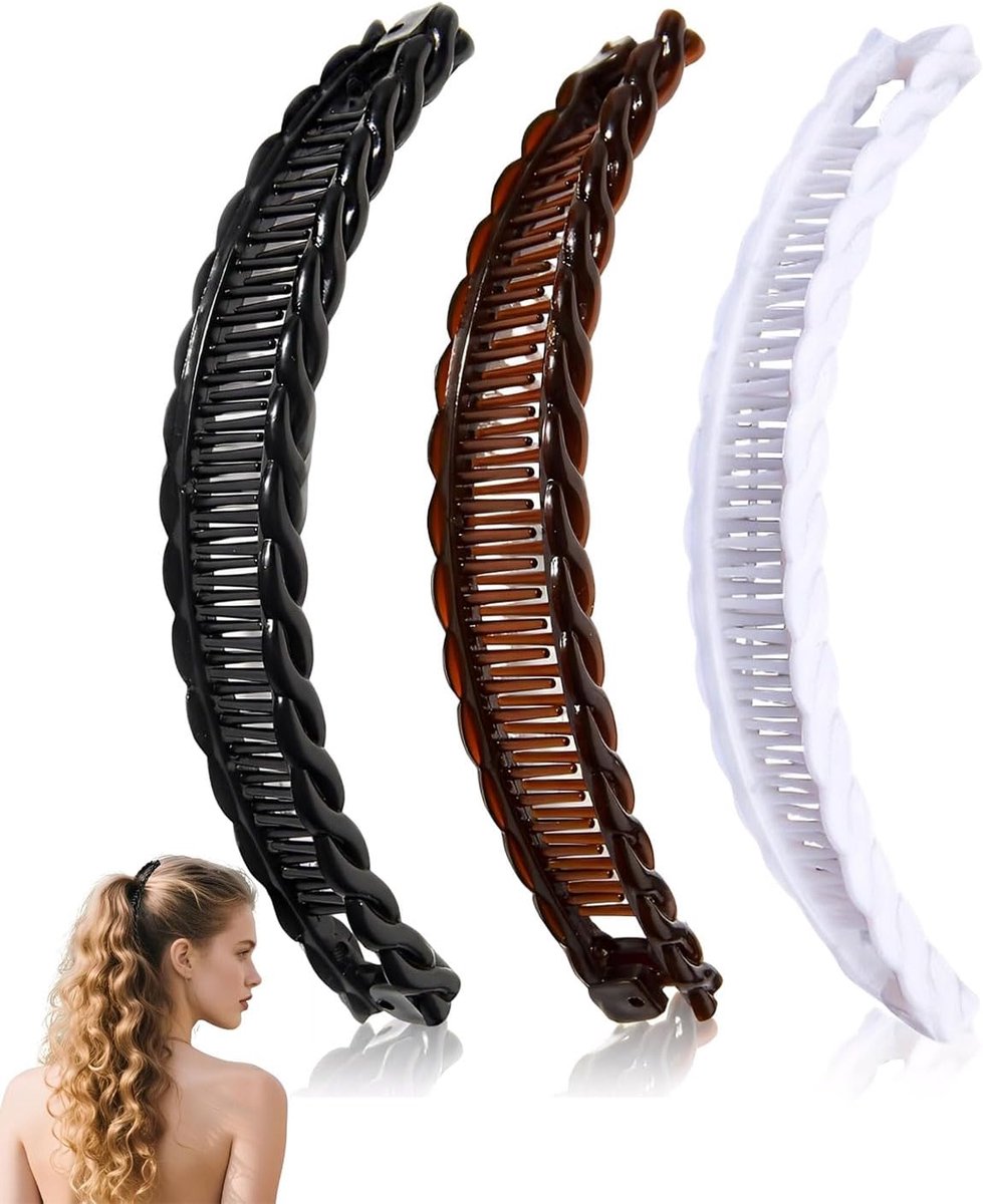 pieces - Banana clamp - Hair clip - Hair accessories - Hairpin - Banana hair clips - Ponytail clamp - Decorative ponytail clamp - Non-slip wearable hairpin - Hair clips for women - For women and girls with thin and thick hair - 15 cm - Black, white, brown - Image 1