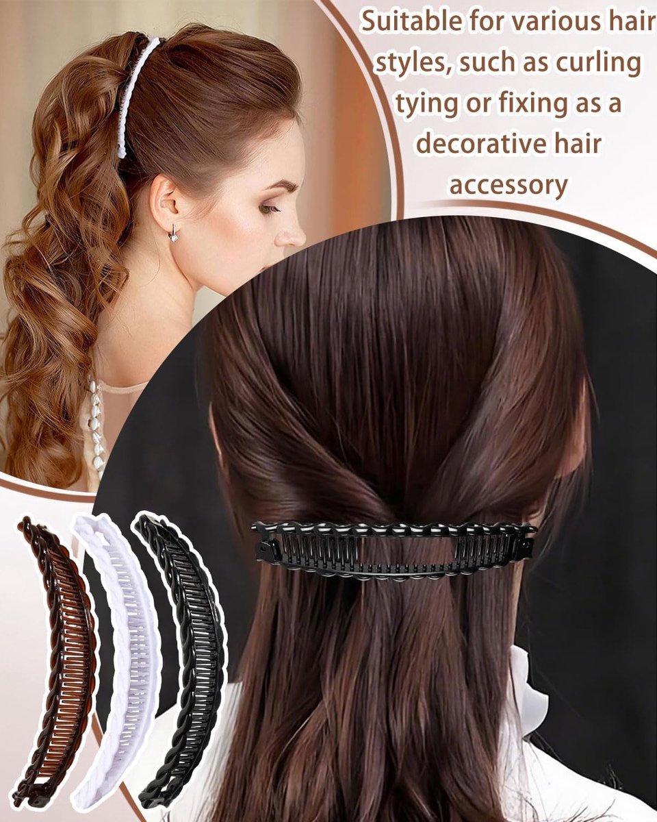 pieces - Banana clamp - Hair clip - Hair accessories - Hairpin - Banana hair clips - Ponytail clamp - Decorative ponytail clamp - Non-slip wearable hairpin - Hair clips for women - For women and girls with thin and thick hair - 15 cm - Black, white, brown - Image 3