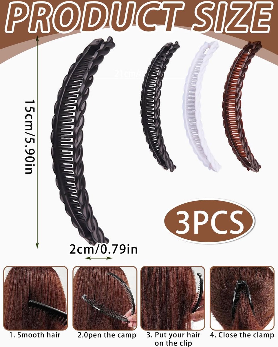 pieces - Banana clamp - Hair clip - Hair accessories - Hairpin - Banana hair clips - Ponytail clamp - Decorative ponytail clamp - Non-slip wearable hairpin - Hair clips for women - For women and girls with thin and thick hair - 15 cm - Black, white, brown - Image 5