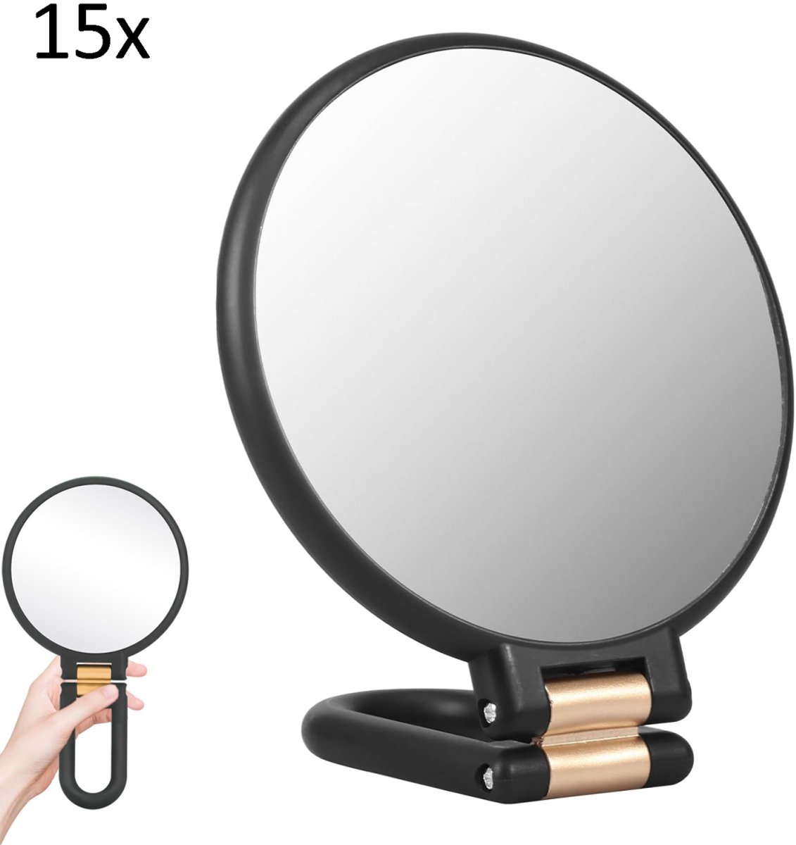 15X Magnifying Mirror - 24*14 cm - Hand Mirror with Folding Handle - Travel Magnifying Mirror with Handle - Double-Sided Magnifying Mirror - with 15x/1x Magnification - Portable Makeup Mirror - Multifunctional Hand Mirror - Black - Image 1