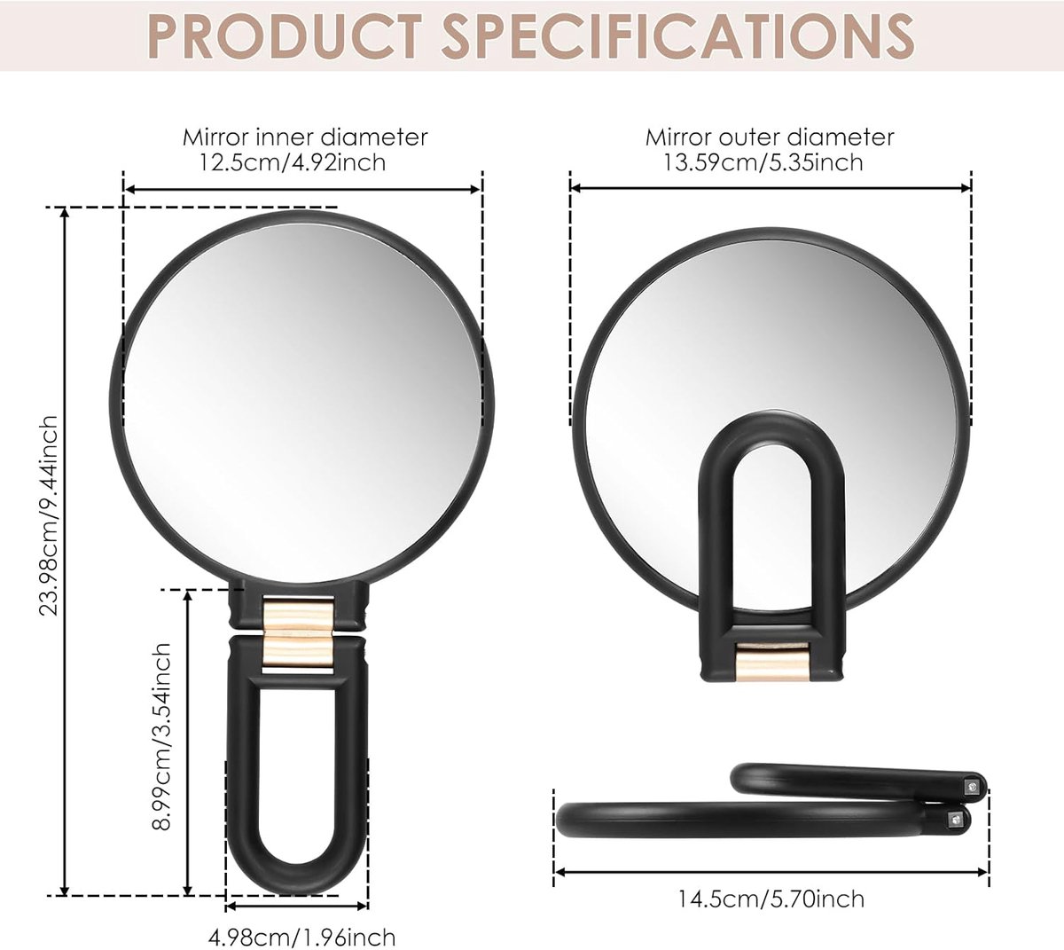 15X Magnifying Mirror - 24*14 cm - Hand Mirror with Folding Handle - Travel Magnifying Mirror with Handle - Double-Sided Magnifying Mirror - with 15x/1x Magnification - Portable Makeup Mirror - Multifunctional Hand Mirror - Black - Image 5