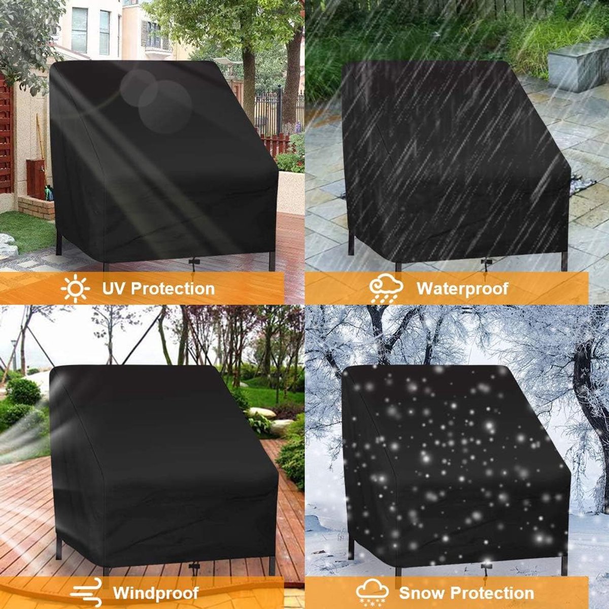 Sofa Protective Cover - Waterproof Chair Cover - Outdoor Patio Furniture Covers - Garden Chair Cover - Waterproof Swing & Lounge Chairs - Protective Cover - Snow Protection Cover - Waterproof - 210D Oxford Cloth - Black - 37.8