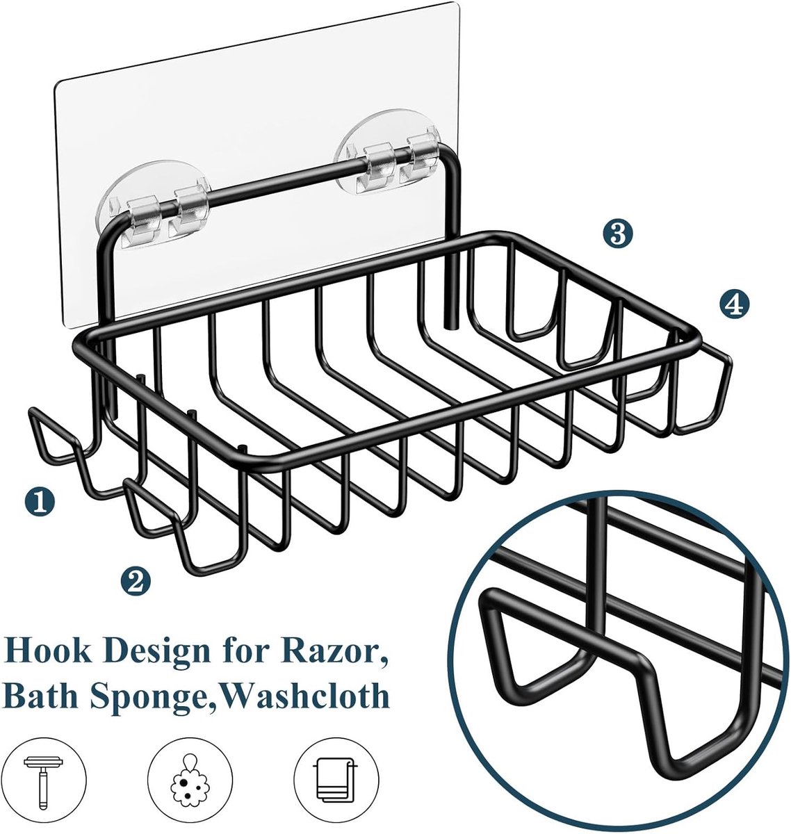Soap Holders - 2 Pieces - Hanging Soap Holder - Soap Dish - Soap Holder for Shower Wall with 4 Hooks - Stainless Steel - Soap Holder with Drain - Small Soap Dish - Wall Mounting - Portable - Bathroom Accessories - Shower - No Drilling Required - Self-Adhe - Image 5