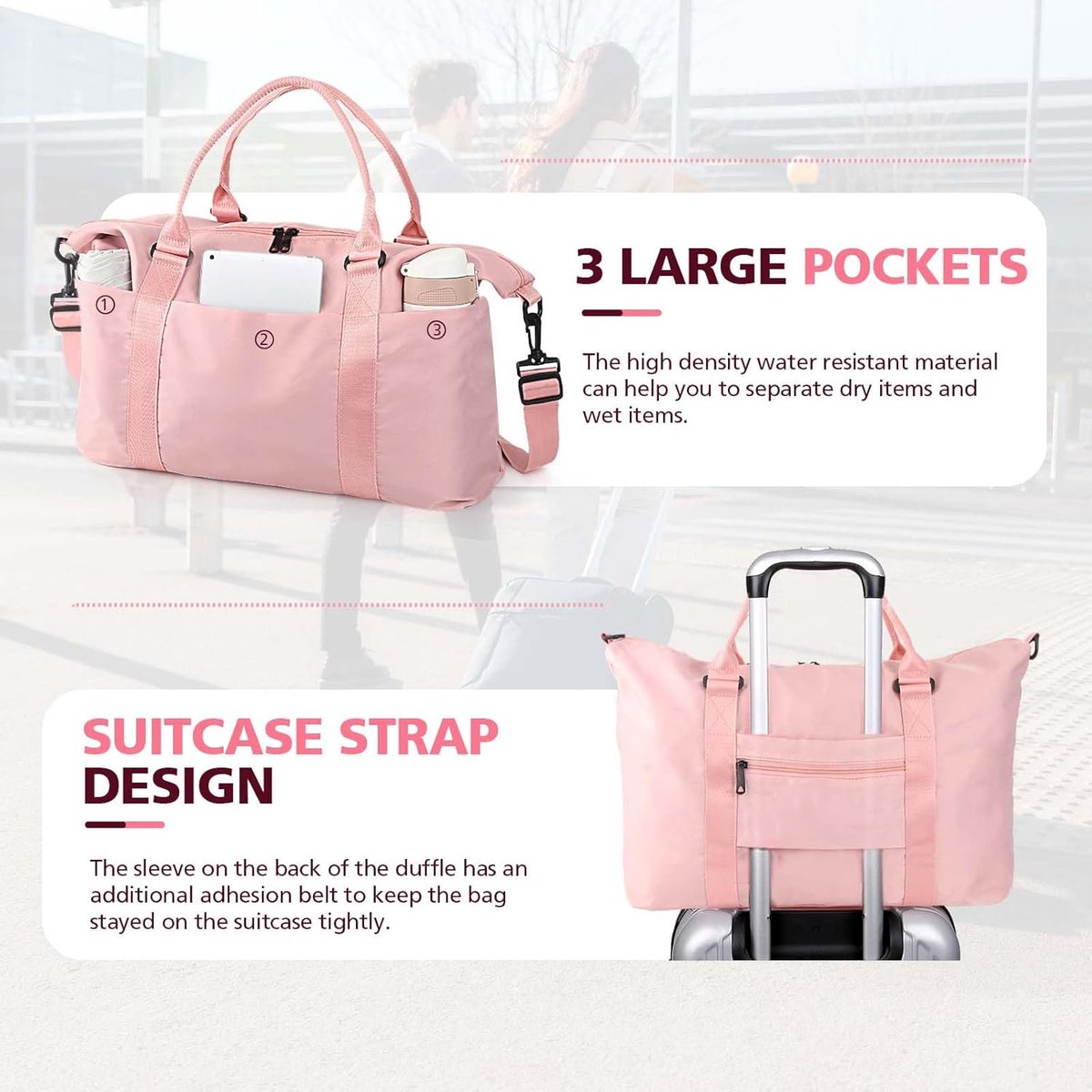 Travel bags - Waterproof weekend bags - Travel bag - Women's carry-on luggage - Travel bags - Yoga bag - Men's sports bags - Airplane carry-on luggage - Weekend bags - Travel bags with trolley lids - Sports bag - Travel Bag - Pink - Image 2