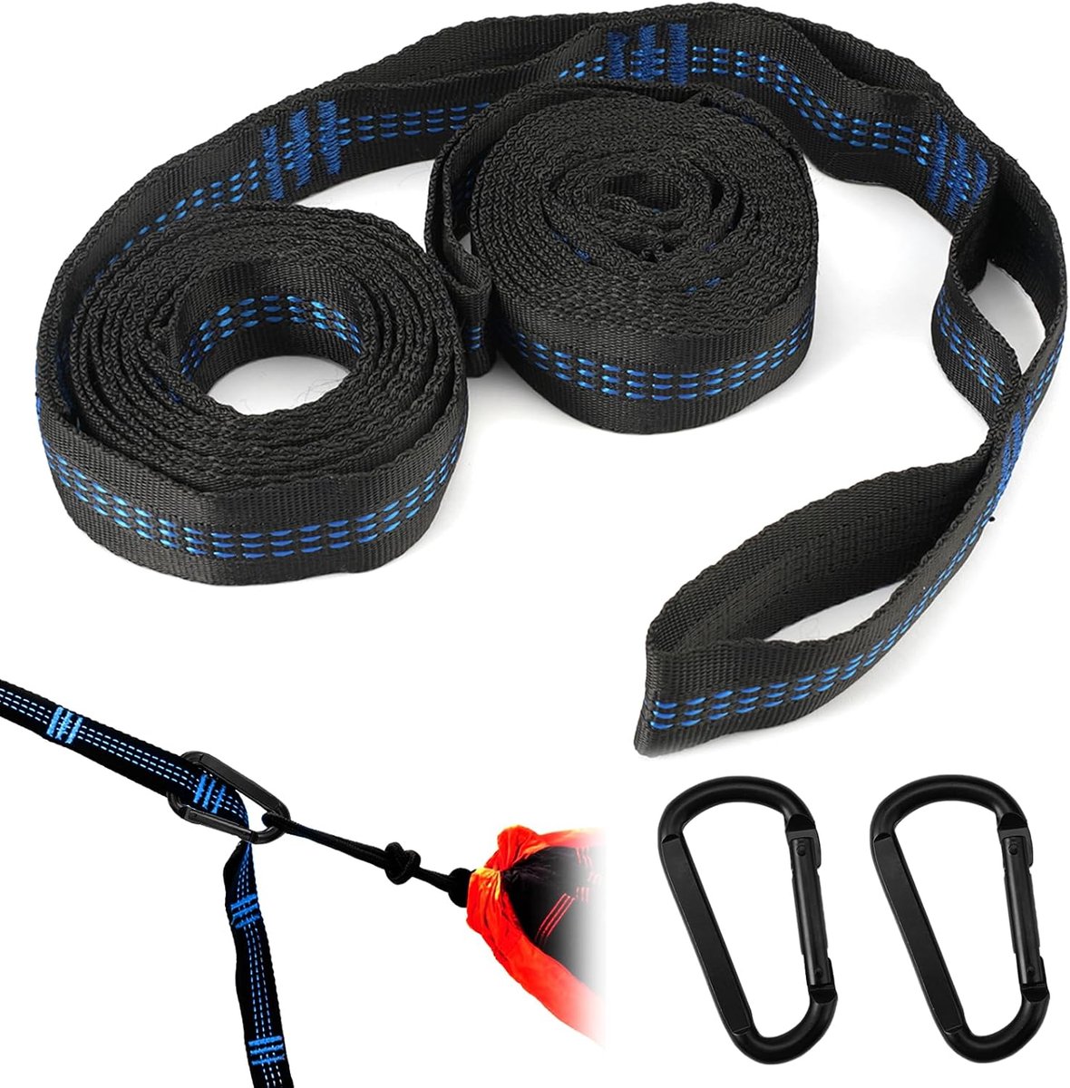 pieces - Hammock straps - 2m - Adjustable hammock straps - Swing suspension straps - tree swing straps - hanging chair hammock straps - hammock - straps - suspension accessories - with carabiner and a storage bag - for camping, garden, outdoors, travel - - Image 1