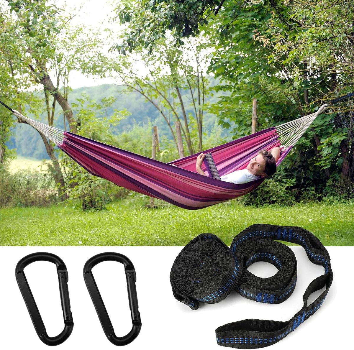 pieces - Hammock straps - 2m - Adjustable hammock straps - Swing suspension straps - tree swing straps - hanging chair hammock straps - hammock - straps - suspension accessories - with carabiner and a storage bag - for camping, garden, outdoors, travel - - Image 4