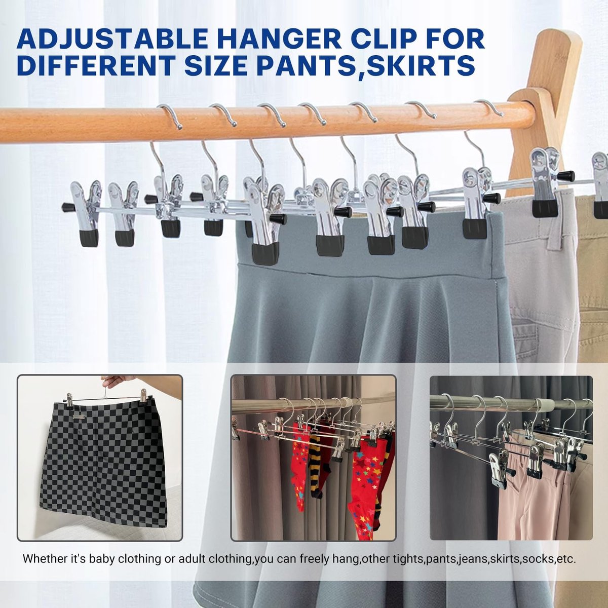 Clothes Hangers - 20 Pieces - Trouser Hangers - Trouser Hangers with Clips - Garment Hangers - Skirt Hangers - Non-Slip Hanger with Clips - Clothes Rack/Coat Rack/Jacket/Trouser Hanger - Space-Saving - Adjustable Clip Hangers - For Trousers Skirts Socks U - Image 2