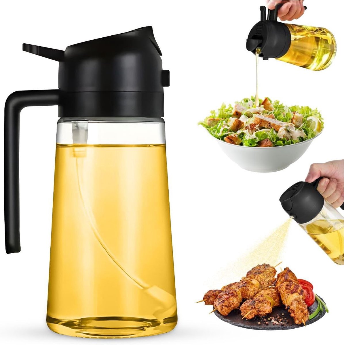2-in-1 - Oil spray bottle - olive oil dispenser bottle - 470 ml - Olive oil sprayer - oil container - oil bottle - oil spray bottle - oil dispenser - oil atomizer - glass oil spray - kitchen utensil - spray and pour - for kitchen, BBQ, barbecue - black - Image 1