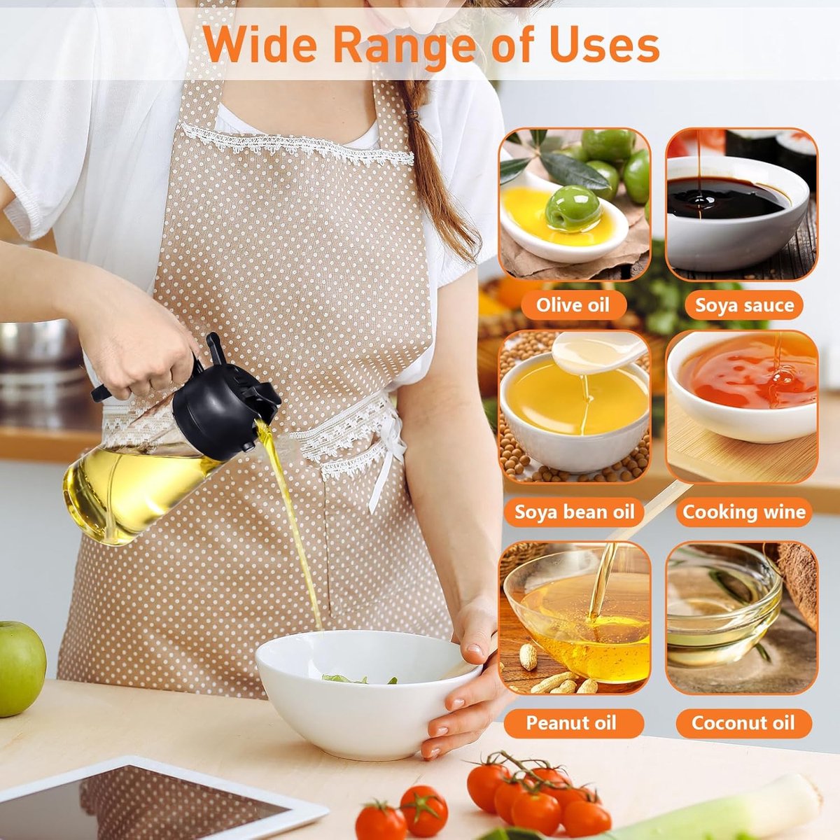 2-in-1 - Oil spray bottle - olive oil dispenser bottle - 470 ml - Olive oil sprayer - oil container - oil bottle - oil spray bottle - oil dispenser - oil atomizer - glass oil spray - kitchen utensil - spray and pour - for kitchen, BBQ, barbecue - black - Image 2