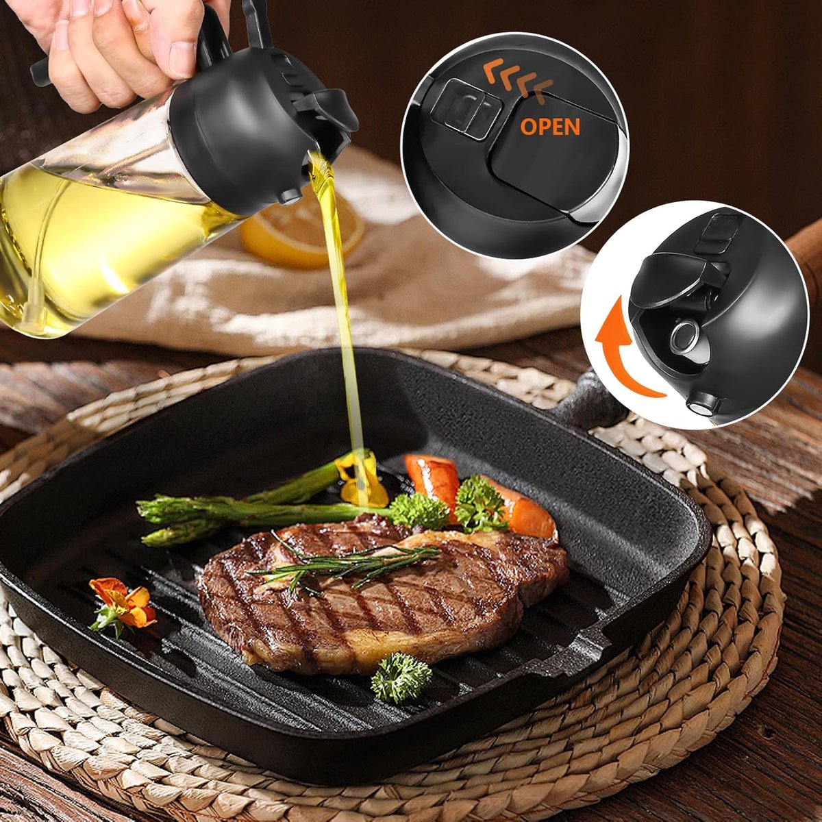 2-in-1 - Oil spray bottle - olive oil dispenser bottle - 470 ml - Olive oil sprayer - oil container - oil bottle - oil spray bottle - oil dispenser - oil atomizer - glass oil spray - kitchen utensil - spray and pour - for kitchen, BBQ, barbecue - black - Image 3
