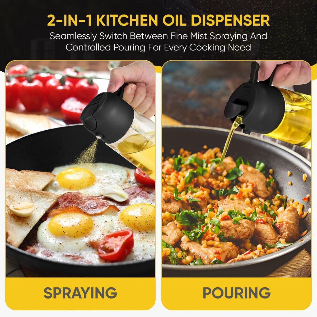 2-in-1 - Oil spray bottle - olive oil dispenser bottle - 470 ml - Olive oil sprayer - oil container - oil bottle - oil spray bottle - oil dispenser - oil atomizer - glass oil spray - kitchen utensil - spray and pour - for kitchen, BBQ, barbecue - black - Image 4