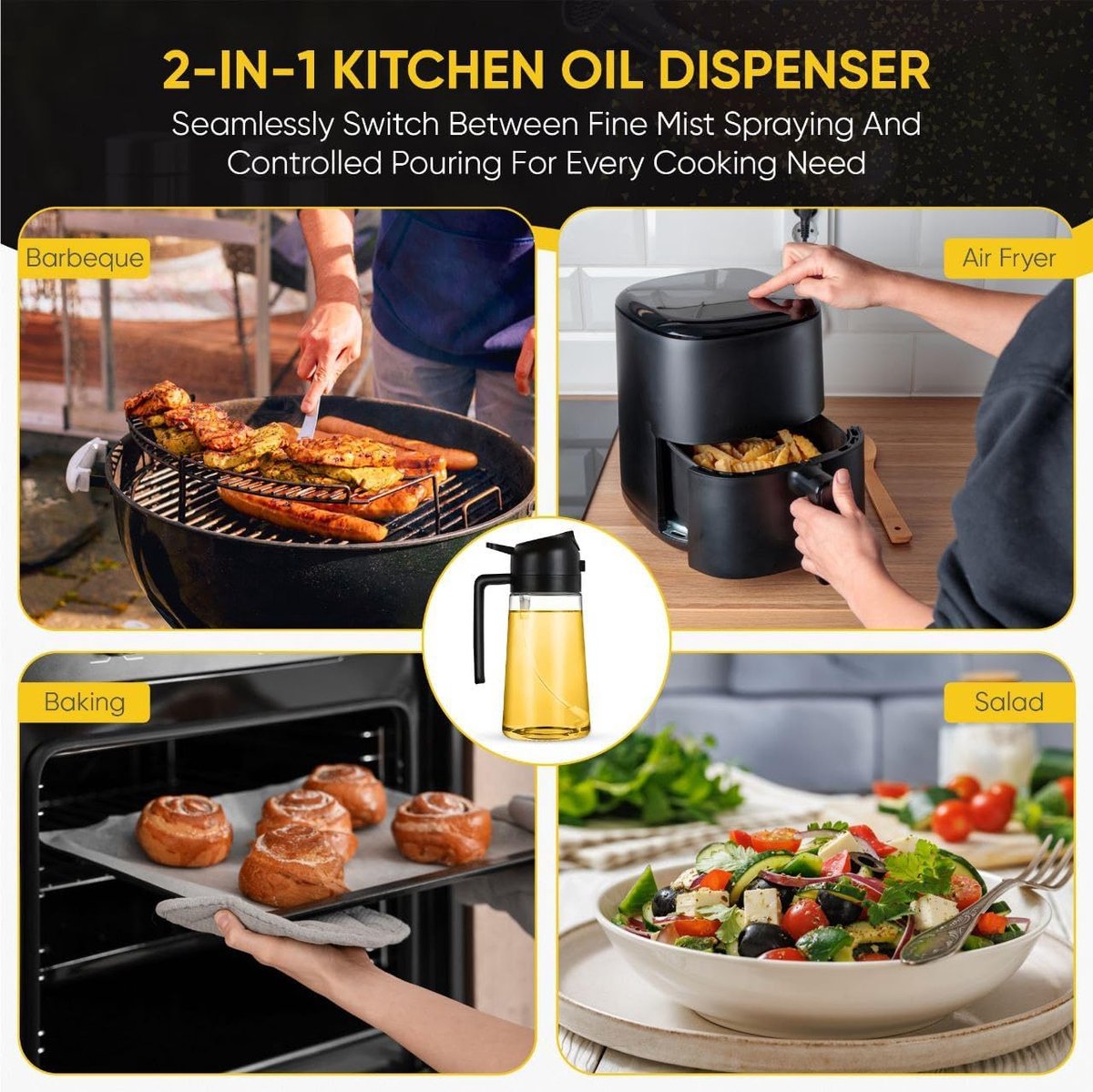2-in-1 - Oil spray bottle - olive oil dispenser bottle - 470 ml - Olive oil sprayer - oil container - oil bottle - oil spray bottle - oil dispenser - oil atomizer - glass oil spray - kitchen utensil - spray and pour - for kitchen, BBQ, barbecue - black - Image 5