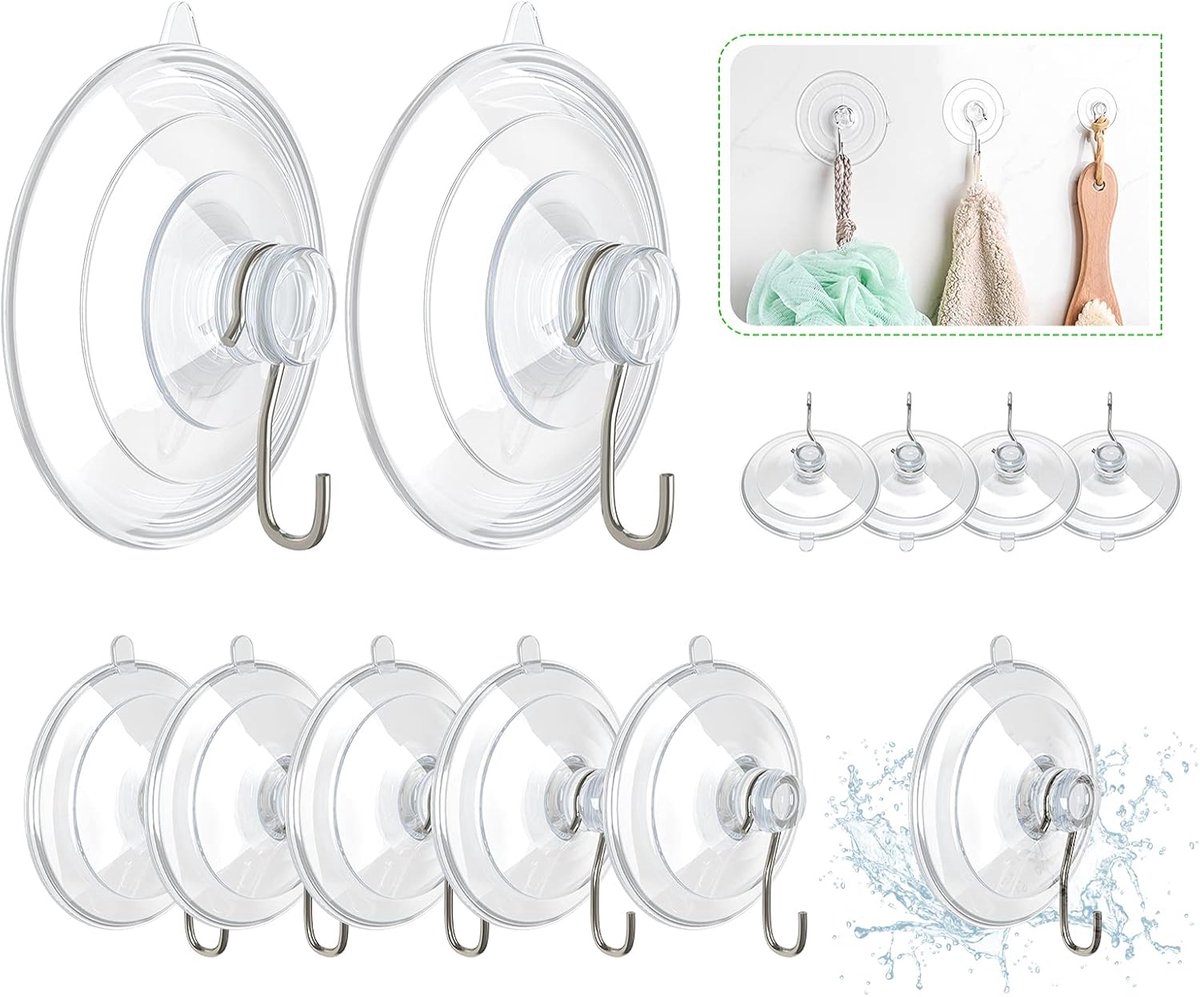 Suction Cup Hooks (12 Pieces) - Suction Cup Hooks - 1.77 Inch Clear Suction Cups - up to 3kg - with Metal Hooks - Threaded - Brute Strength - suction cup hooks - for Kitchen Bathroom Shower Wall Window Door - hanging hooks - suction cups sun protection - - Image 1