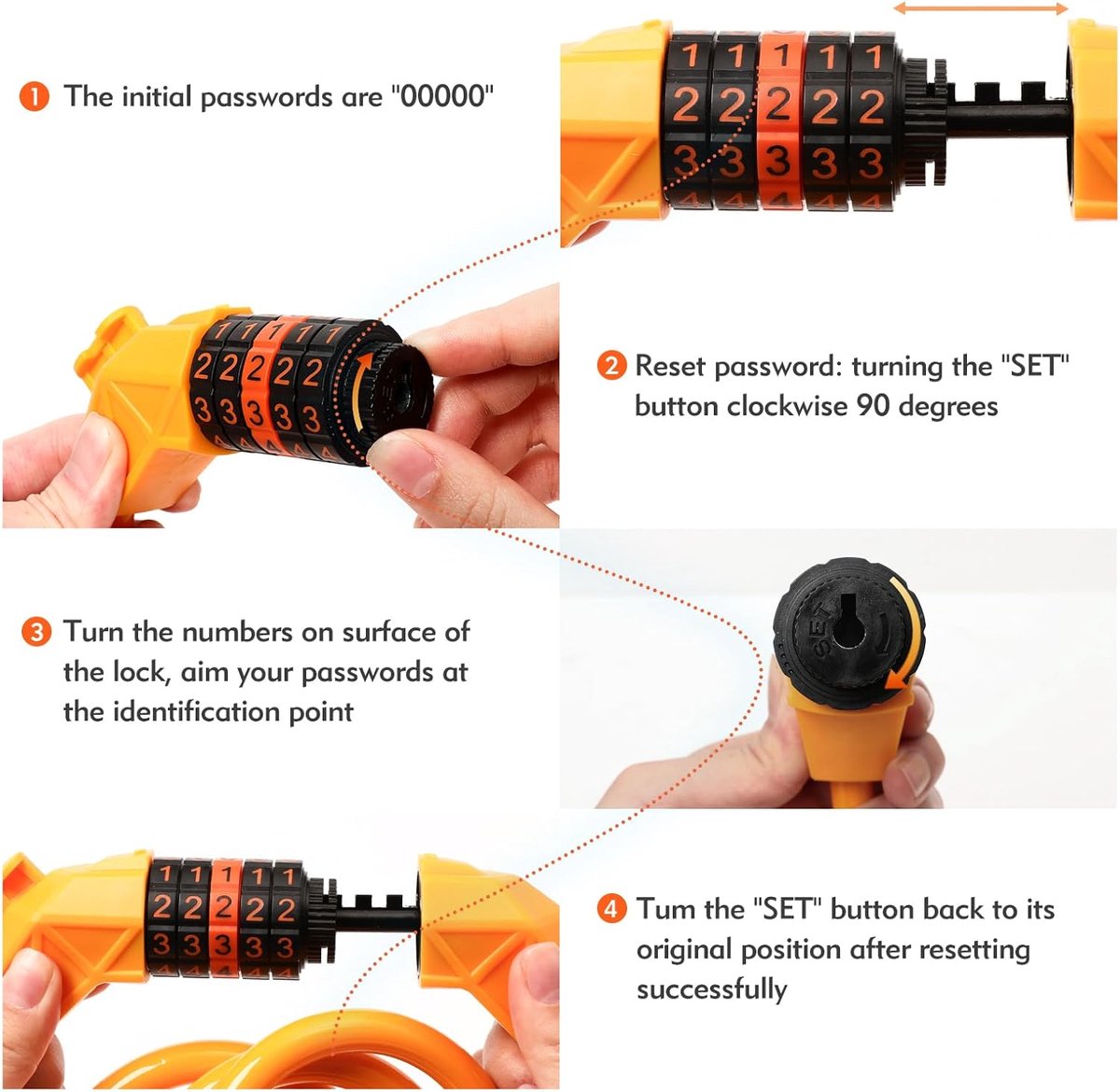 Bicycle lock - Bicycle chain lock - Anti-theft bicycle lock - 1.1m*11mm - Combination lock - Cable lock - Lock - with 5-digit code - Includes shackle - High security - Resettable lock - bicycle accessories - for bicycles, tricycles and scooters - orange - Image 3