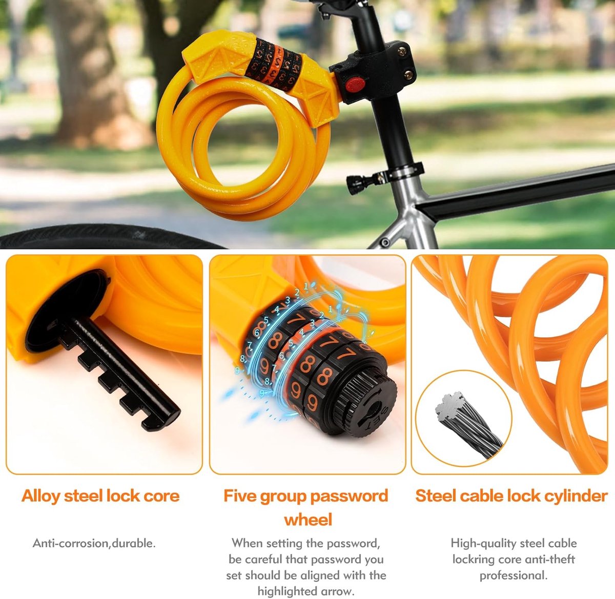 Bicycle lock - Bicycle chain lock - Anti-theft bicycle lock - 1.1m*11mm - Combination lock - Cable lock - Lock - with 5-digit code - Includes shackle - High security - Resettable lock - bicycle accessories - for bicycles, tricycles and scooters - orange - Image 4