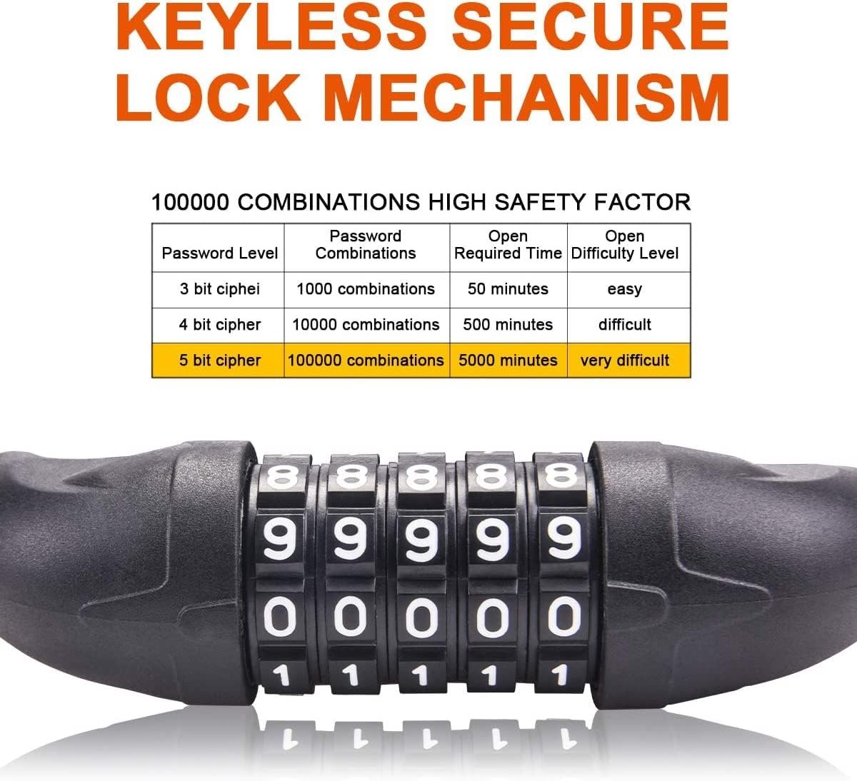 Bicycle lock - Bicycle chain lock - Anti-theft bicycle lock - 1.1m*11mm - Combination lock - Cable lock - Lock - with 5-digit code - Includes shackle - High security - Resettable lock - bicycle accessories - for bicycles, tricycles and scooters - orange - Image 5