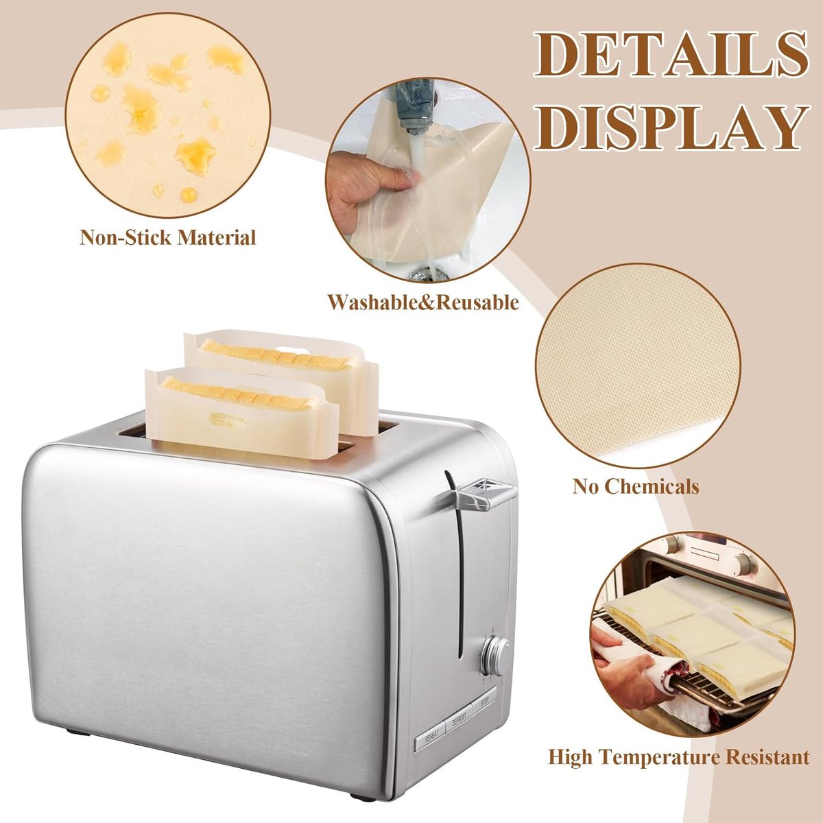 Sandwich Bag - 16 Pieces Sandwich Bags - Reusable Bread Bags - Food Storage Bread Bags - Breakfast Bag - Microwave Safe - Heat-Resistant Non-Stick Coating - For Toaster, Microwave - for Grill Cheese Sandwich Toast Panini Snacks - Image 5