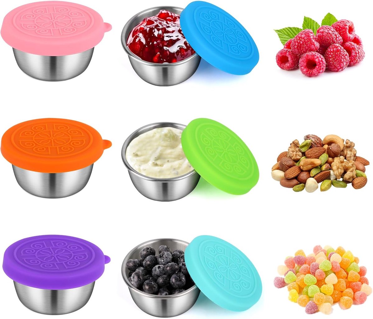 6 pieces - Dressing cups - Food storage containers - 40 ml - Sauce cup - salad dressing containers - food containers - stainless steel container - with silicone lids - leak-proof - reusable - for salads, processed foods - 5.5*5.5*2.5 cm - Image 1