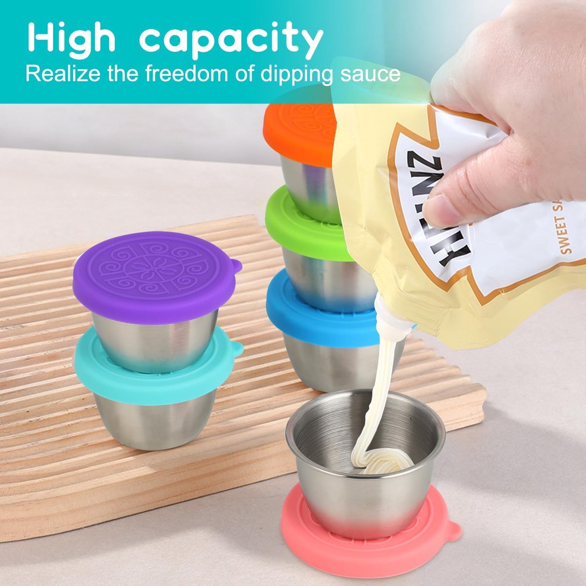 6 pieces - Dressing cups - Food storage containers - 40 ml - Sauce cup - salad dressing containers - food containers - stainless steel container - with silicone lids - leak-proof - reusable - for salads, processed foods - 5.5*5.5*2.5 cm - Image 3