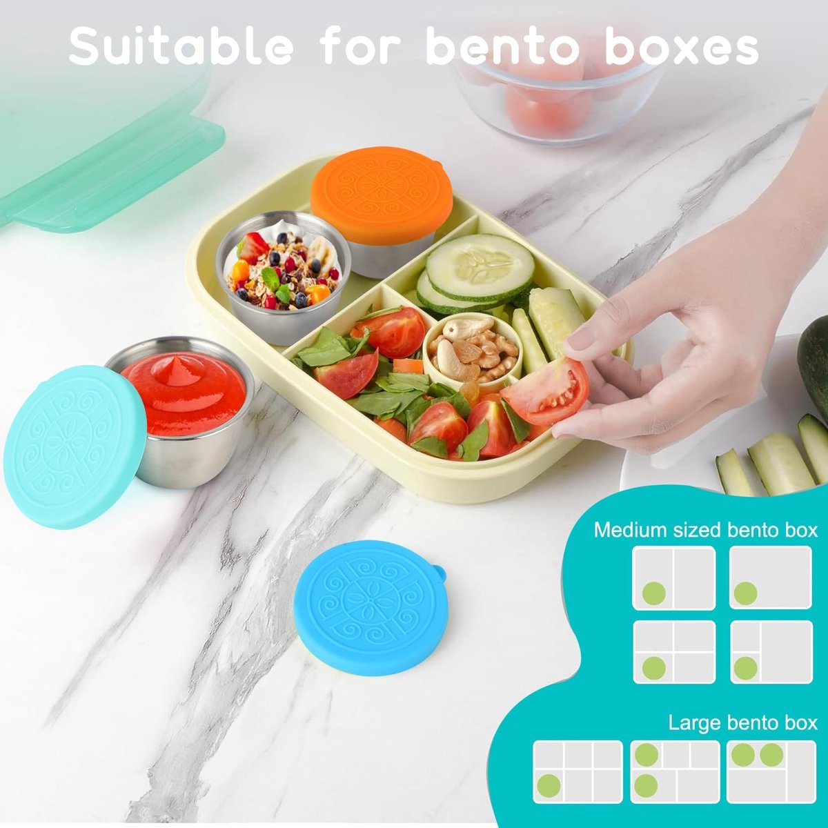 6 pieces - Dressing cups - Food storage containers - 40 ml - Sauce cup - salad dressing containers - food containers - stainless steel container - with silicone lids - leak-proof - reusable - for salads, processed foods - 5.5*5.5*2.5 cm - Image 4