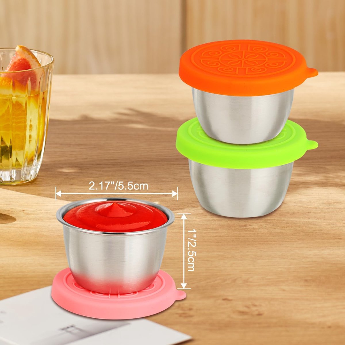 6 pieces - Dressing cups - Food storage containers - 40 ml - Sauce cup - salad dressing containers - food containers - stainless steel container - with silicone lids - leak-proof - reusable - for salads, processed foods - 5.5*5.5*2.5 cm - Image 5