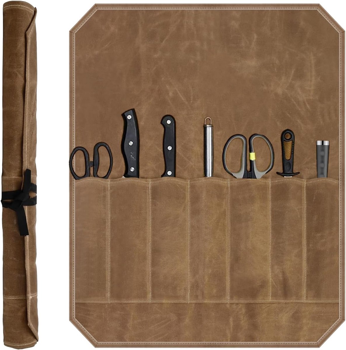 Chef Tools Protector - with 7 slots - Chef's knife roll bag - Knife bag - Waxed canvas knife bag - Cookware - knife case - knife holder - storage bag - cutlery tool roll bag - for camping - (Knives Not Included) - 45*56 cm - Khaki - Image 1