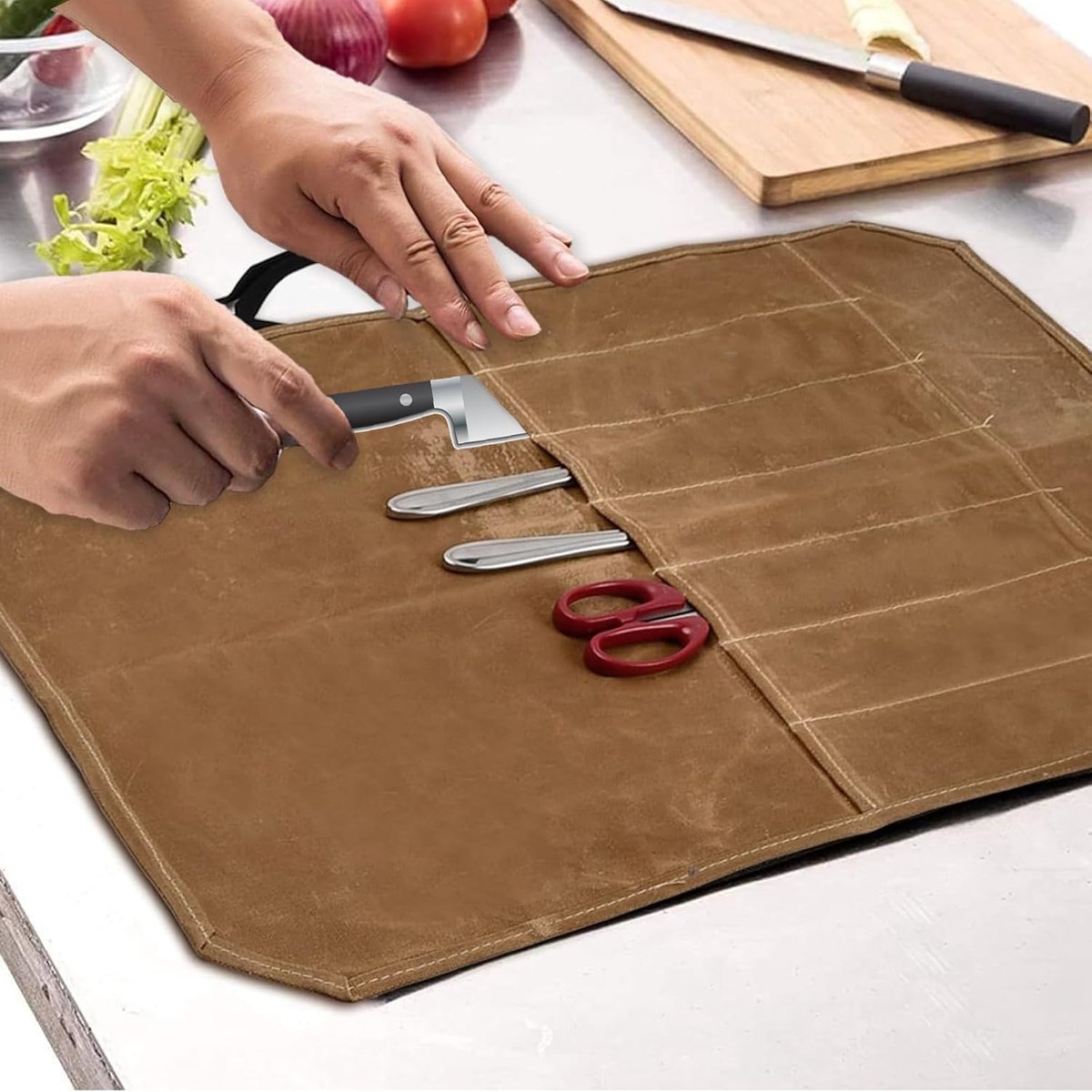 Chef Tools Protector - with 7 slots - Chef's knife roll bag - Knife bag - Waxed canvas knife bag - Cookware - knife case - knife holder - storage bag - cutlery tool roll bag - for camping - (Knives Not Included) - 45*56 cm - Khaki - Image 2