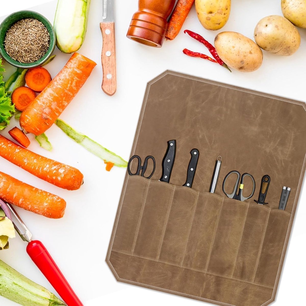 Chef Tools Protector - with 7 slots - Chef's knife roll bag - Knife bag - Waxed canvas knife bag - Cookware - knife case - knife holder - storage bag - cutlery tool roll bag - for camping - (Knives Not Included) - 45*56 cm - Khaki - Image 3