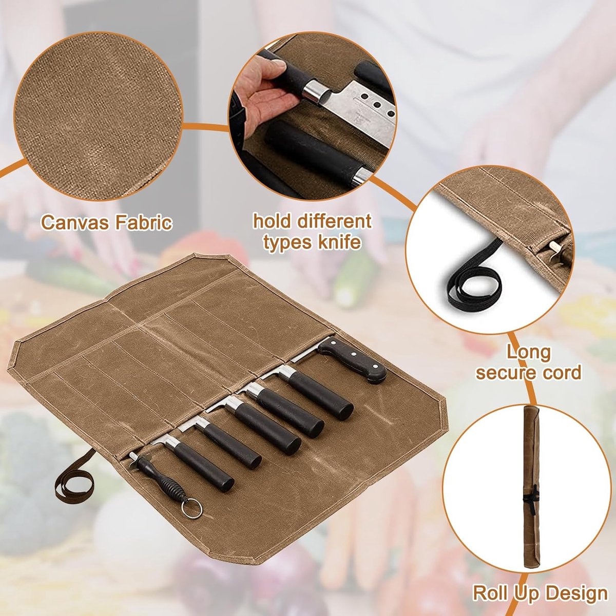 Chef Tools Protector - with 7 slots - Chef's knife roll bag - Knife bag - Waxed canvas knife bag - Cookware - knife case - knife holder - storage bag - cutlery tool roll bag - for camping - (Knives Not Included) - 45*56 cm - Khaki - Image 4