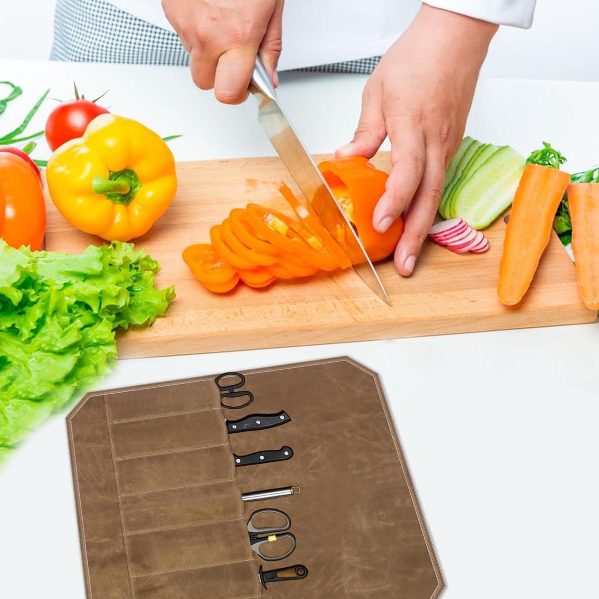 Chef Tools Protector - with 7 slots - Chef's knife roll bag - Knife bag - Waxed canvas knife bag - Cookware - knife case - knife holder - storage bag - cutlery tool roll bag - for camping - (Knives Not Included) - 45*56 cm - Khaki - Image 6