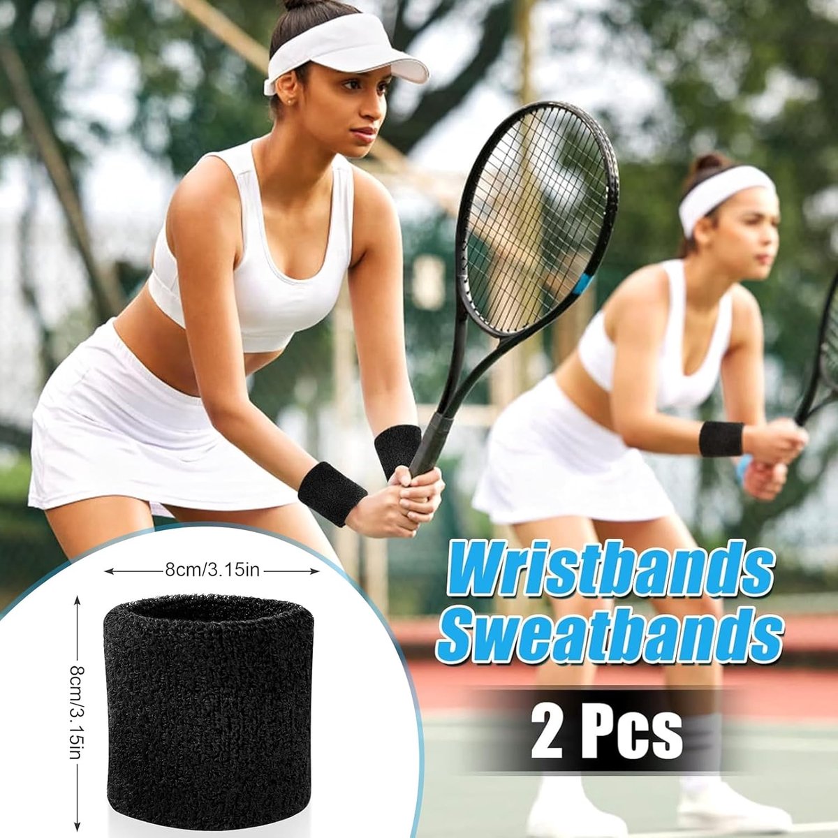 Sports wristband - 2 pieces Sweatbands - Sweatbands - Wrist - Wristbands - Wristbands - wrist headband - sports wristband - sports soft cotton wrist headband - absorbent terry cloth cuff - for gym tennis running basketball - Black - Image 2