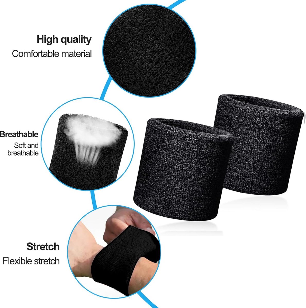 Sports wristband - 2 pieces Sweatbands - Sweatbands - Wrist - Wristbands - Wristbands - wrist headband - sports wristband - sports soft cotton wrist headband - absorbent terry cloth cuff - for gym tennis running basketball - Black - Image 6