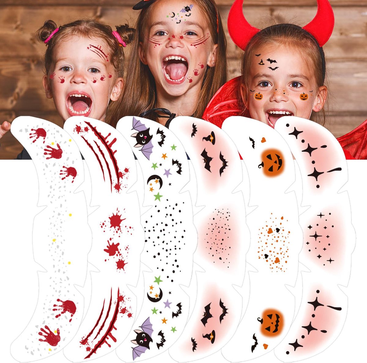 6 pieces - Temporary Face Tattoos - Halloween decoration - Glitter makeup stickers - Self-adhesive Tattoos for Adults - Festival Glitters - Face stickers - Halloween makeup - Image 1