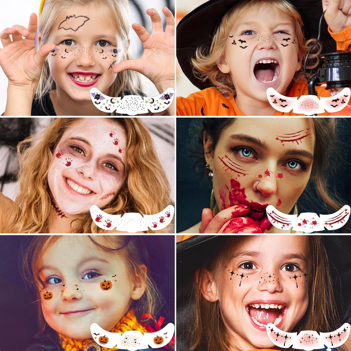 6 pieces - Temporary Face Tattoos - Halloween decoration - Glitter makeup stickers - Self-adhesive Tattoos for Adults - Festival Glitters - Face stickers - Halloween makeup - Image 2