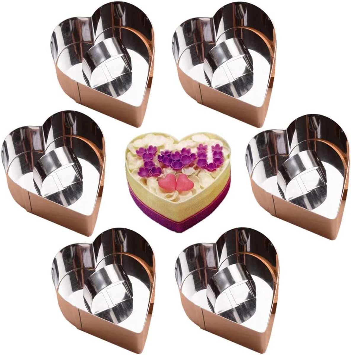 6 pieces - stainless steel - dessert rings - cake rings - with handle - molds - for baking and cooking cakes, mousses, and desserts - 8*3.8 cm - silver - Heart shape - Image 1