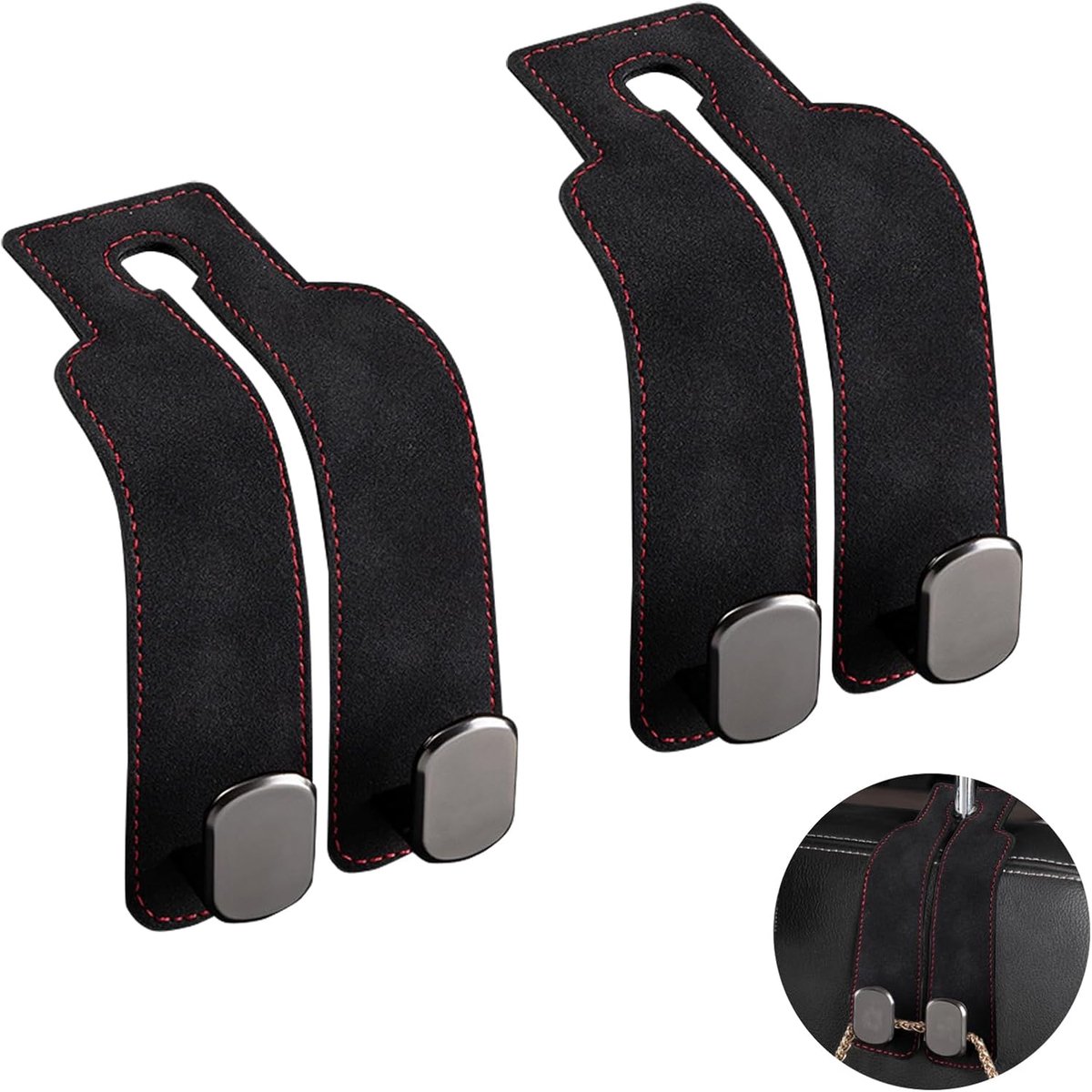 pieces - 17*4.5*8.5 cm - car headrest hooks - multifunctional leather car seat organizer - hook for the car backrest - car interior accessories - for bags, wallets, umbrellas - black - Image 1
