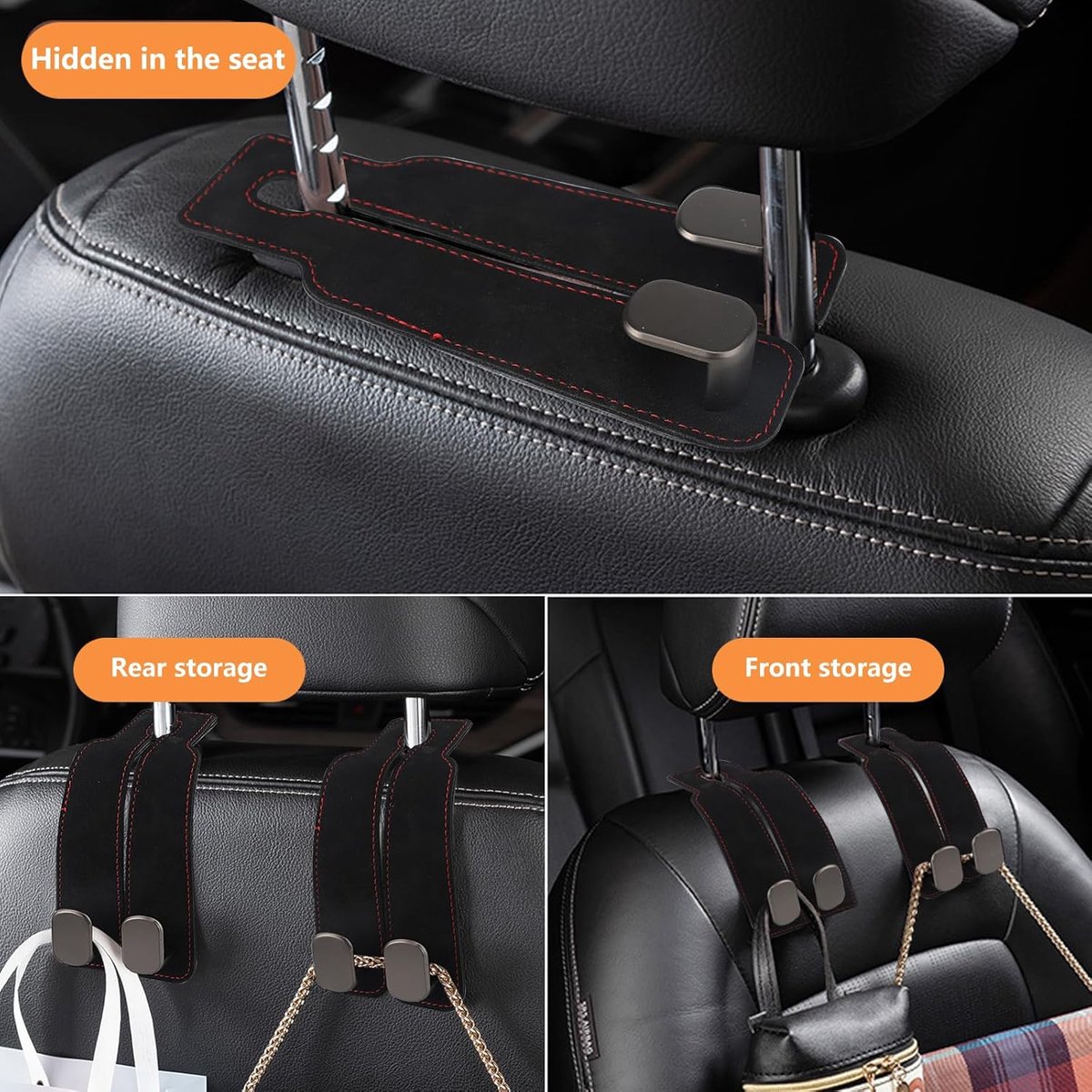 pieces - 17*4.5*8.5 cm - car headrest hooks - multifunctional leather car seat organizer - hook for the car backrest - car interior accessories - for bags, wallets, umbrellas - black - Image 3