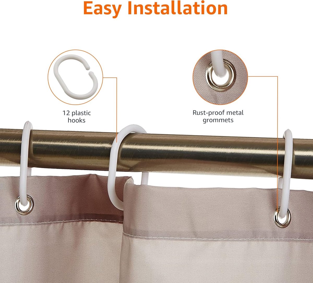 Shower curtain - Shower curtain for the bathroom - Anti-mold shower curtain - water-repellent material - with rings - machine washable - Bathroom accessories - 180*180 cm - brown - Image 4